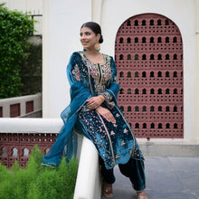 Load image into Gallery viewer, Blue Premium Designer Ready-to-Wear Velvet Top, Palazzo, and Dupatta Set ClothsVilla