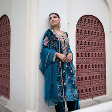 Load image into Gallery viewer, Blue Premium Designer Ready-to-Wear Velvet Top, Palazzo, and Dupatta Set ClothsVilla