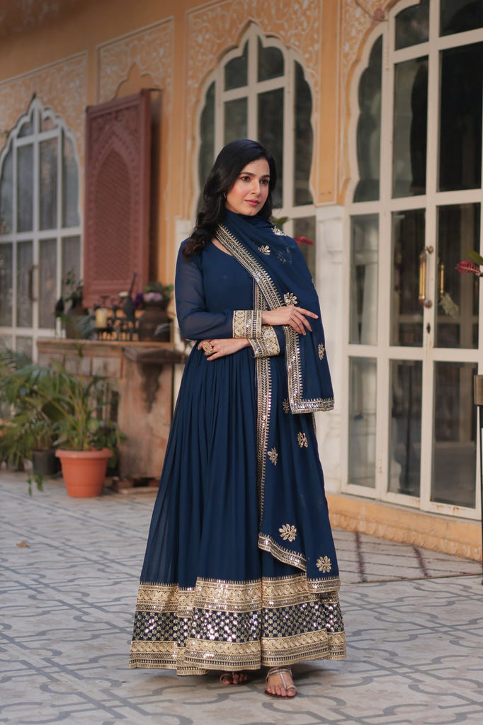 Blue Premium Designer Readymade Gown with Dupatta Collection Embroidered Elegance Clothsvilla