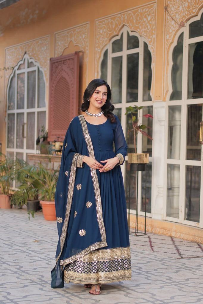 Blue Premium Designer Readymade Gown with Dupatta Collection Embroidered Elegance Clothsvilla