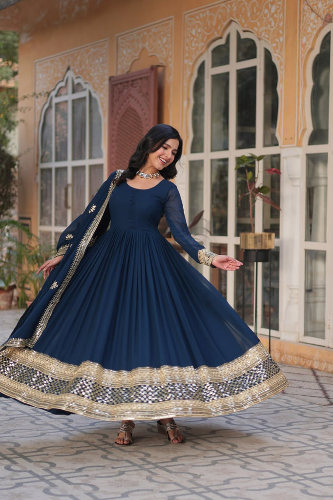 Blue Premium Designer Readymade Gown with Dupatta Collection Embroidered Elegance Clothsvilla