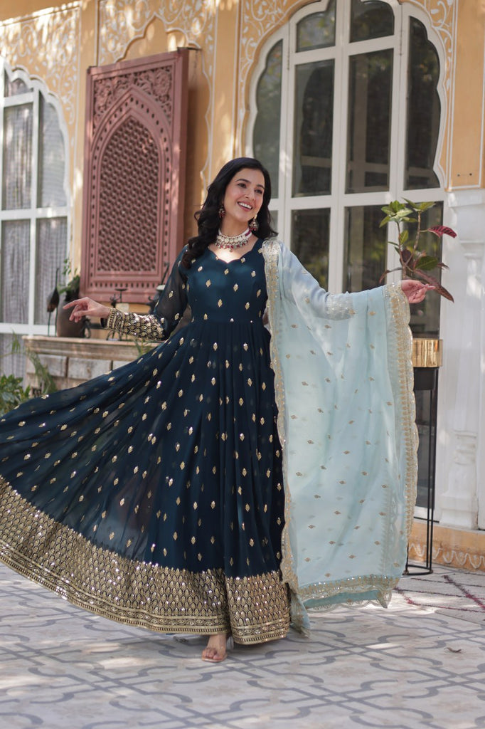 Blue Premium Designer Readymade Gown with Dupatta Collection Luxurious Faux Blooming Embroidery ClothsVilla