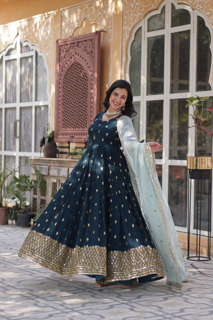 Blue Premium Designer Readymade Gown with Dupatta Collection Luxurious Faux Blooming Embroidery ClothsVilla