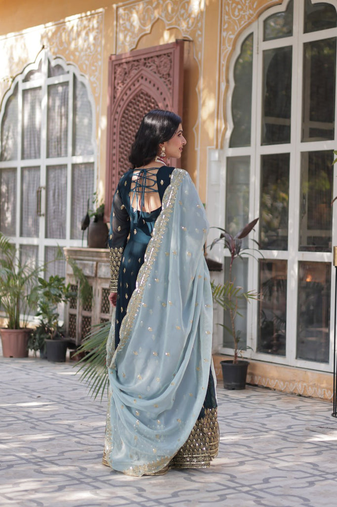 Blue Premium Designer Readymade Gown with Dupatta Collection Luxurious Faux Blooming Embroidery ClothsVilla