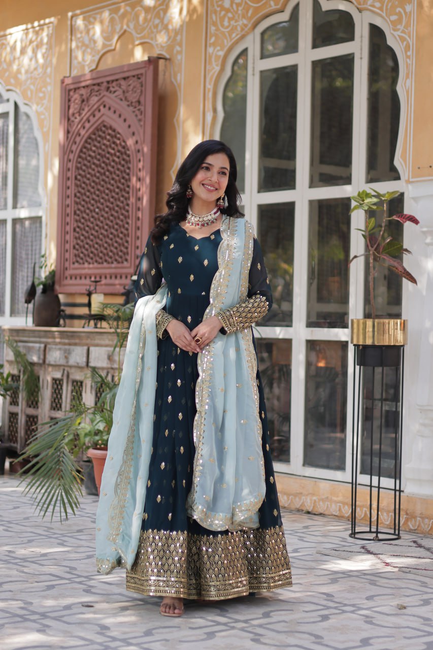 Blue Premium Designer Readymade Gown with Dupatta Collection Luxurious Faux Blooming Embroidery ClothsVilla Main image