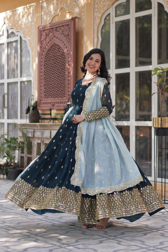 Blue Premium Designer Readymade Gown with Dupatta Collection Luxurious Faux Blooming Embroidery ClothsVilla