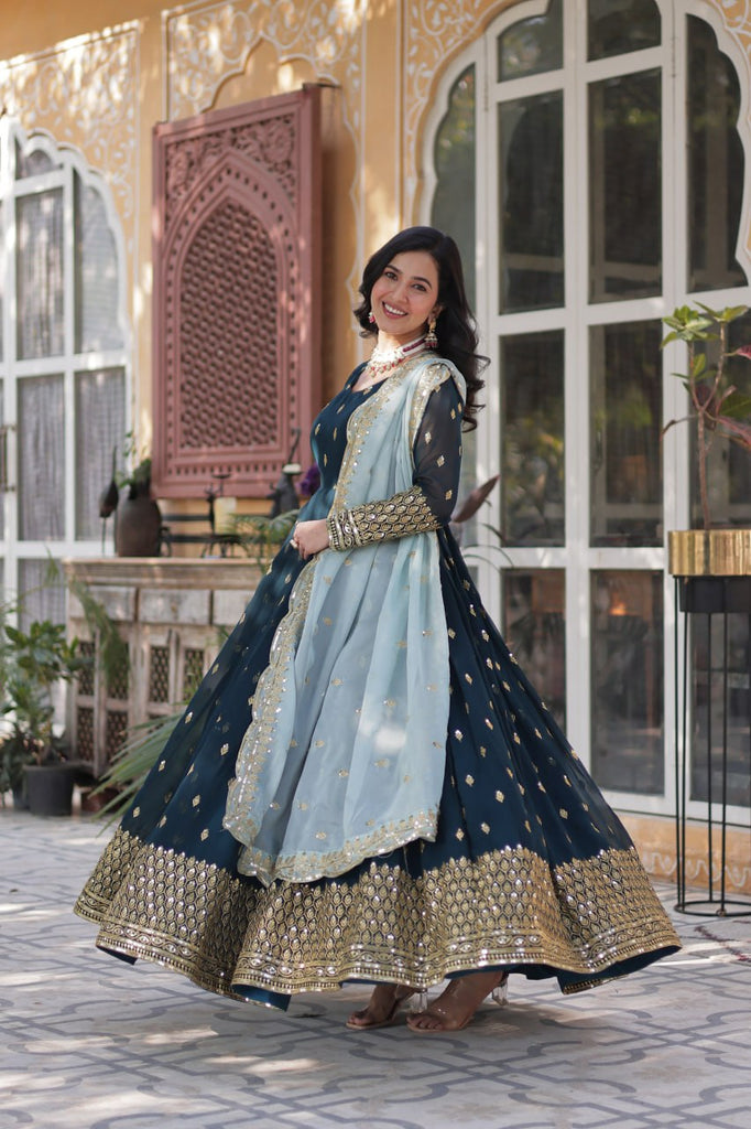 Blue Premium Designer Readymade Gown with Dupatta Collection Luxurious Faux Blooming Embroidery ClothsVilla