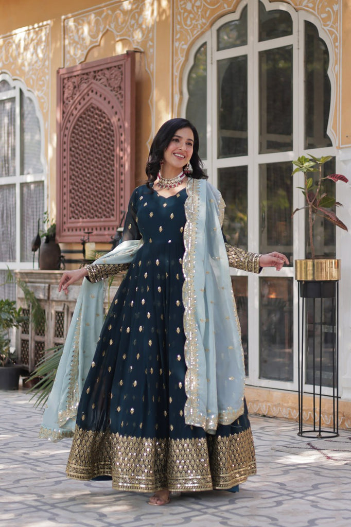 Blue Premium Designer Readymade Gown with Dupatta Collection Luxurious Faux Blooming Embroidery ClothsVilla