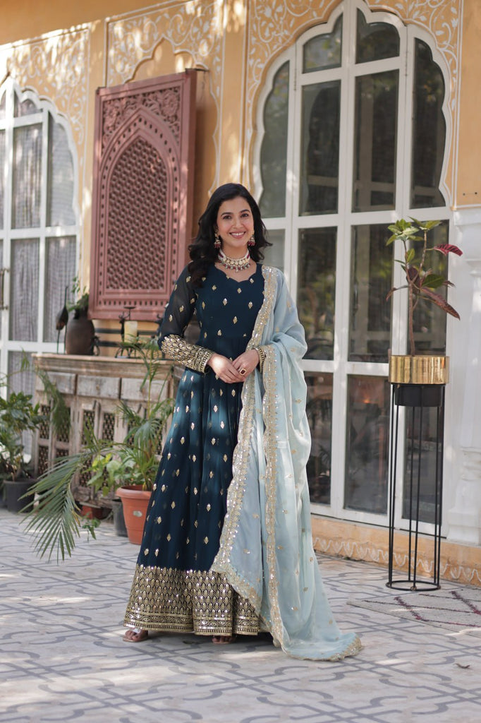 Blue Premium Designer Readymade Gown with Dupatta Collection Luxurious Faux Blooming Embroidery ClothsVilla