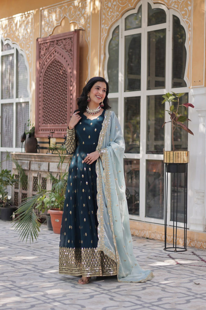 Blue Premium Designer Readymade Gown with Dupatta Collection Luxurious Faux Blooming Embroidery ClothsVilla