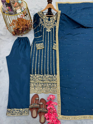 Blue Premium Designer Readymade Top, Plazzo & Dupatta ClothsVilla