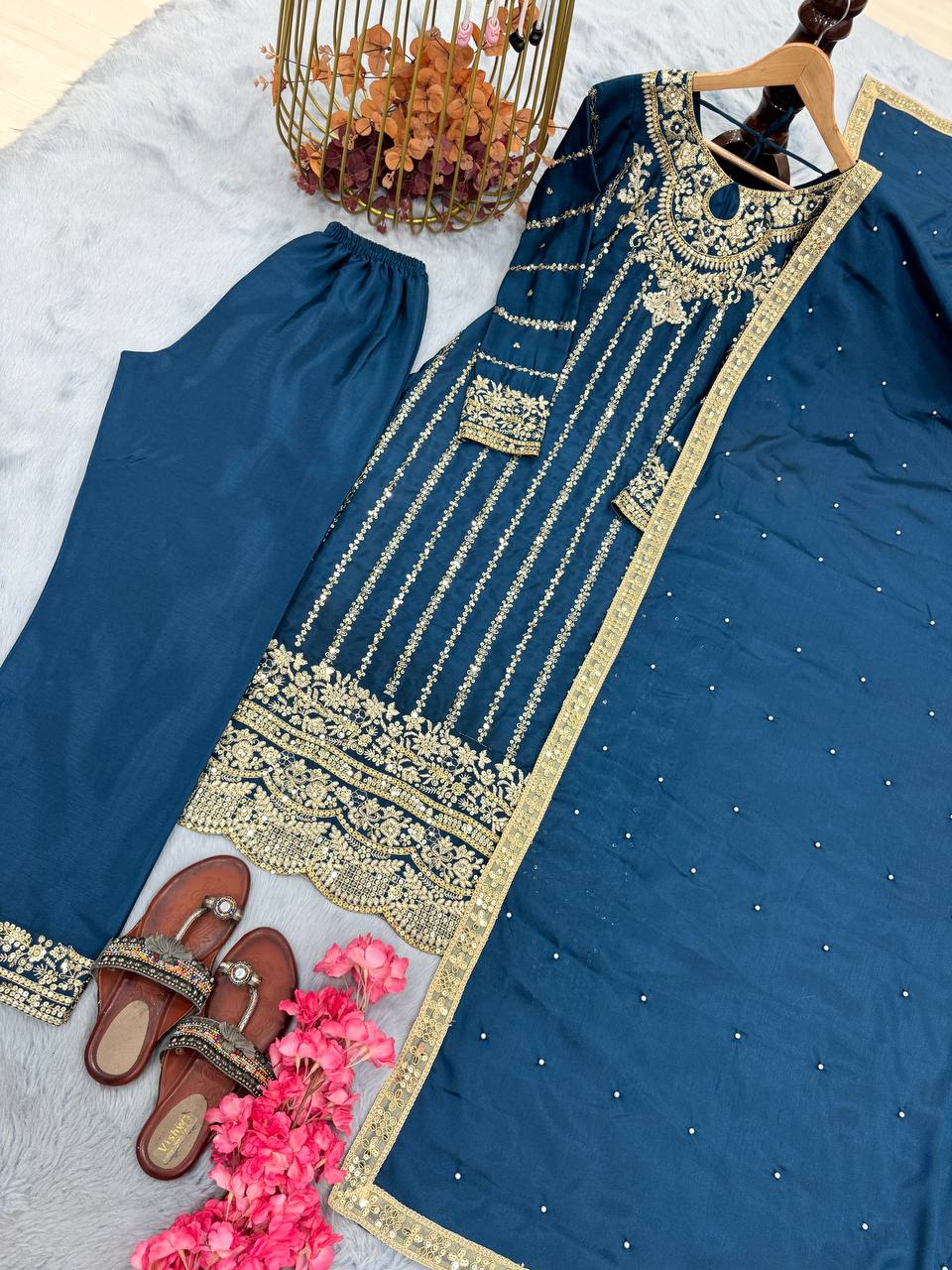 Blue Premium Designer Readymade Top, Plazzo & Dupatta ClothsVilla