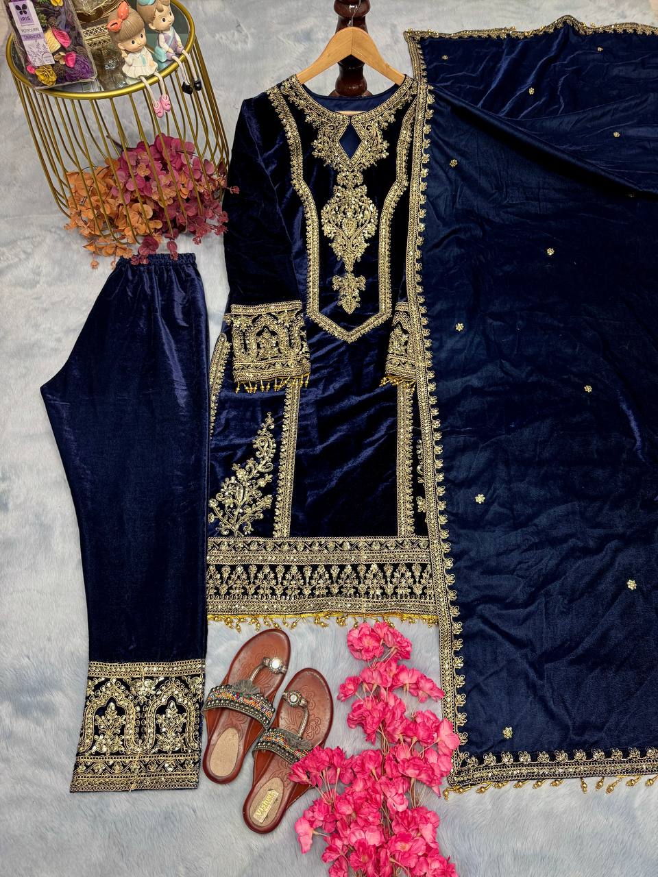 Blue Premium Designer Readymade Viscose Velvet Top, Plazzo & Dupatta Set – Party Wear Elegance Clothsvilla
