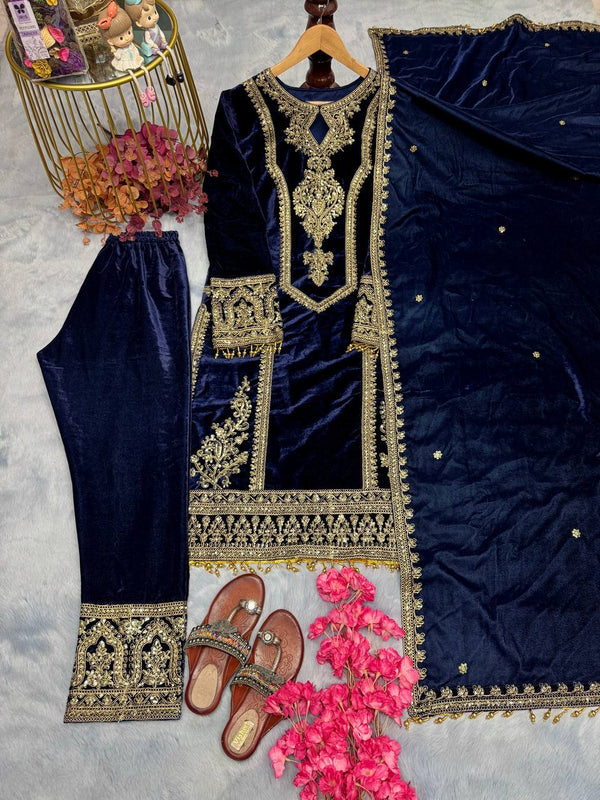 Blue Premium Designer Readymade Viscose Velvet Top, Plazzo & Dupatta Set – Party Wear Elegance Clothsvilla