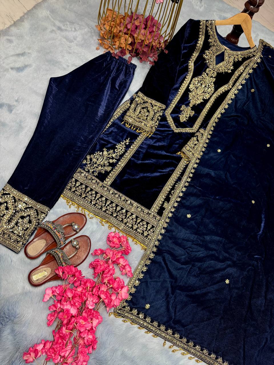 Blue Premium Designer Readymade Viscose Velvet Top, Plazzo & Dupatta Set – Party Wear Elegance Clothsvilla