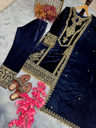 Blue Premium Designer Readymade Viscose Velvet Top, Plazzo & Dupatta Set – Party Wear Elegance Clothsvilla