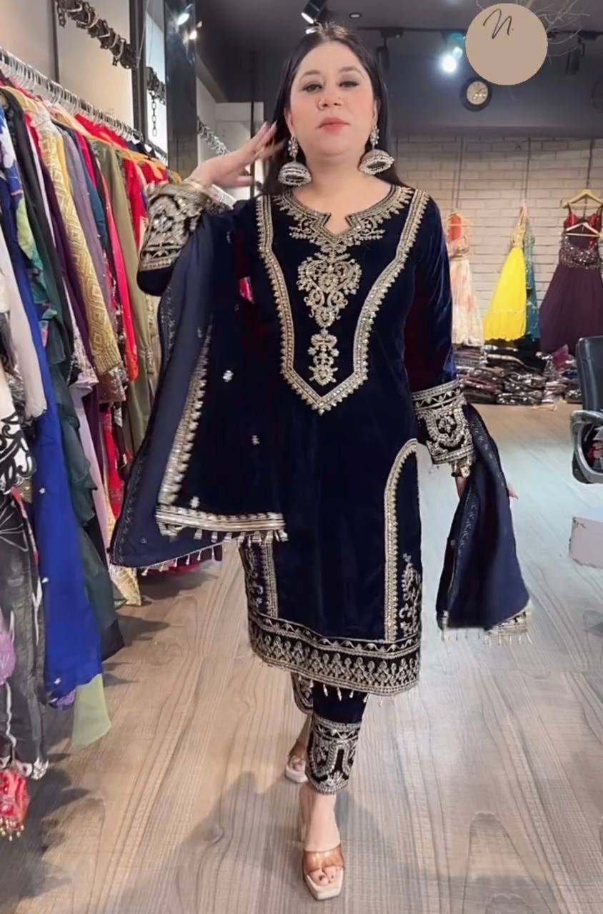 Blue Premium Designer Readymade Viscose Velvet Top, Plazzo & Dupatta Set – Party Wear Elegance Clothsvilla Main image