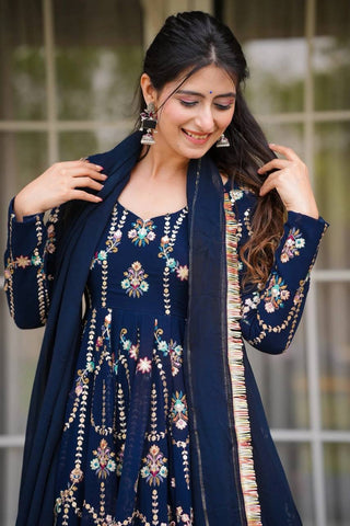 Blue Premium Faux Georgette Anarkali Gown with Dupatta ClothsVilla