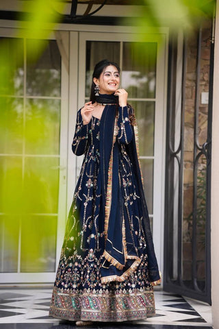 Blue Premium Faux Georgette Anarkali Gown with Dupatta ClothsVilla