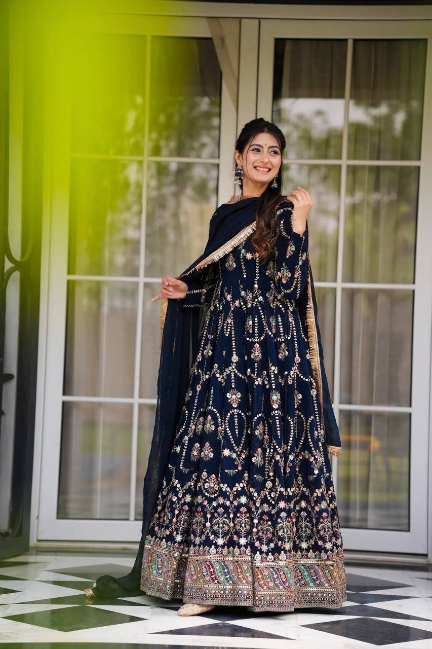 Blue Premium Faux Georgette Anarkali Gown with Dupatta ClothsVilla