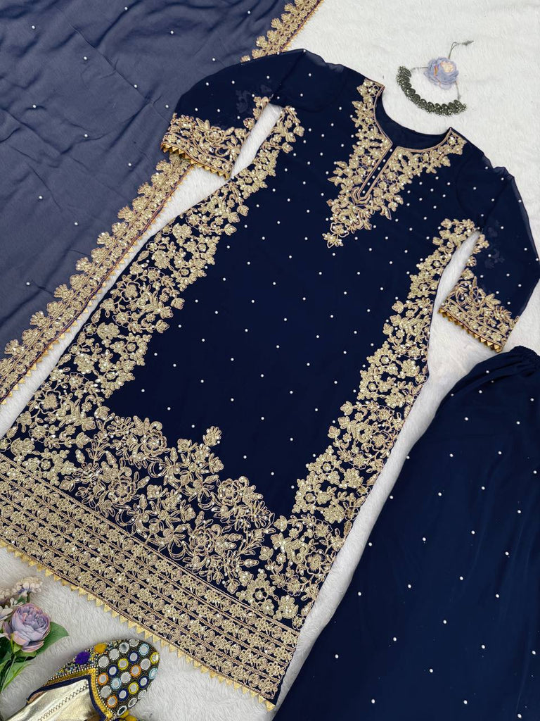 Blue Premium Faux Georgette Coding–Sequins Plazo Set with Dupatta ClothsVilla