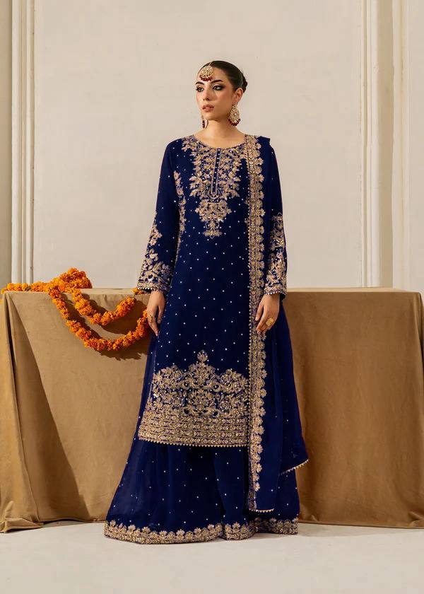 Blue Premium Faux Georgette Coding–Sequins Plazo Set with Dupatta ClothsVilla