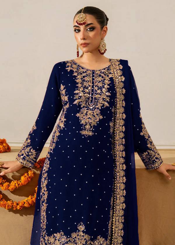 Blue Premium Faux Georgette Coding–Sequins Plazo Set with Dupatta ClothsVilla