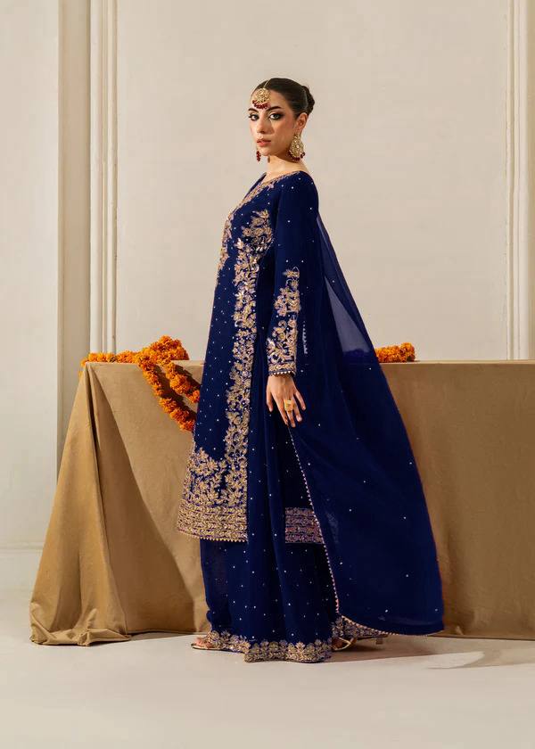 Blue Premium Faux Georgette Coding–Sequins Plazo Set with Dupatta ClothsVilla