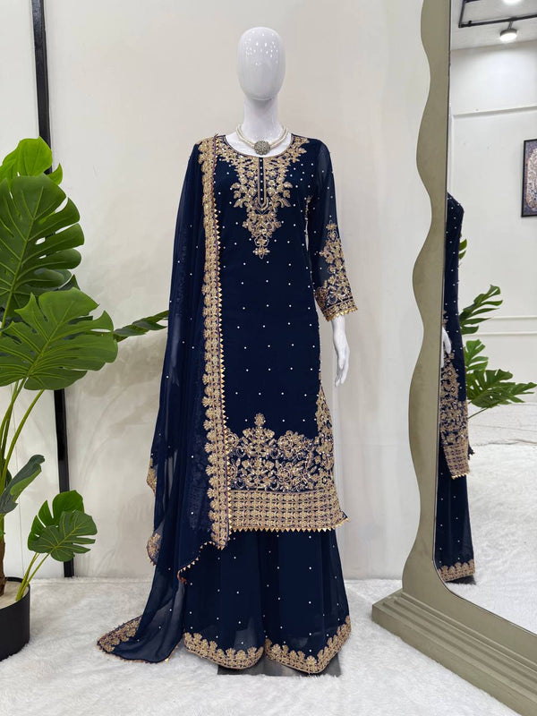 Blue Premium Faux Georgette Coding–Sequins Plazo Set with Dupatta ClothsVilla