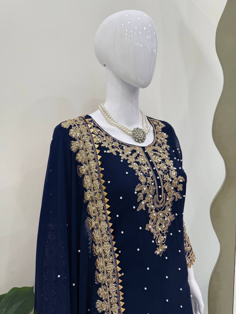 Blue Premium Faux Georgette Coding–Sequins Plazo Set with Dupatta ClothsVilla