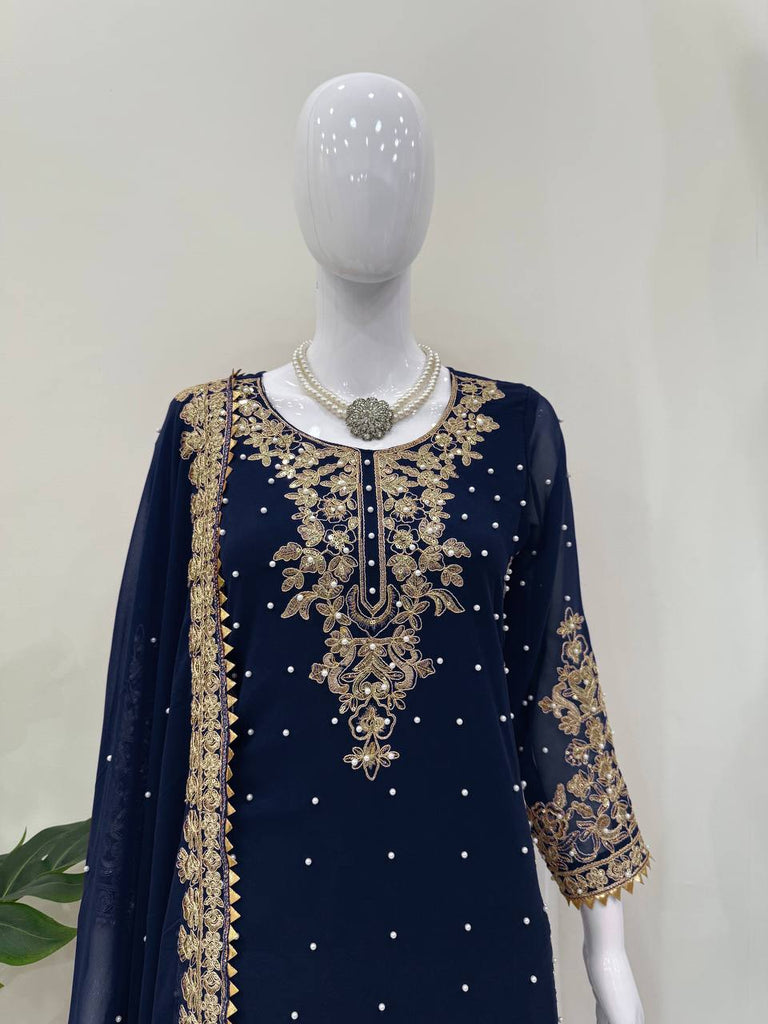 Blue Premium Faux Georgette Coding–Sequins Plazo Set with Dupatta ClothsVilla