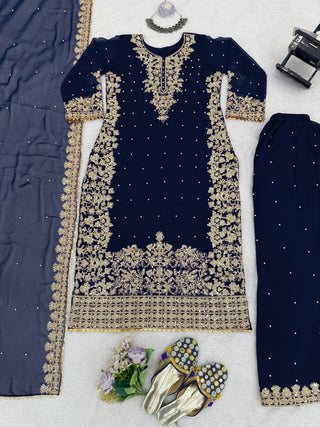 Blue Premium Faux Georgette Coding–Sequins Plazo Set with Dupatta ClothsVilla