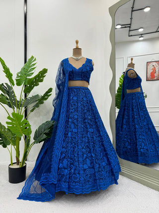 Blue Premium Faux Georgette Sequin Embroidered Lehenga Choli Set with Butterfly Net Dupatta ClothsVilla