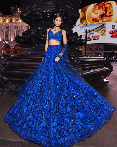 Blue Premium Faux Georgette Sequin Embroidered Lehenga Choli Set with Butterfly Net Dupatta ClothsVilla