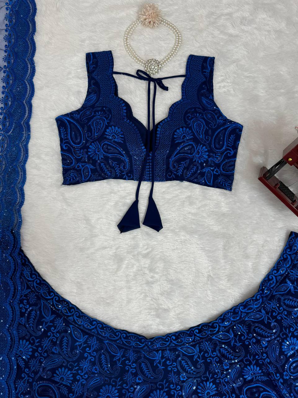 Blue Premium Faux Georgette Sequin Embroidered Lehenga Choli Set with Butterfly Net Dupatta ClothsVilla