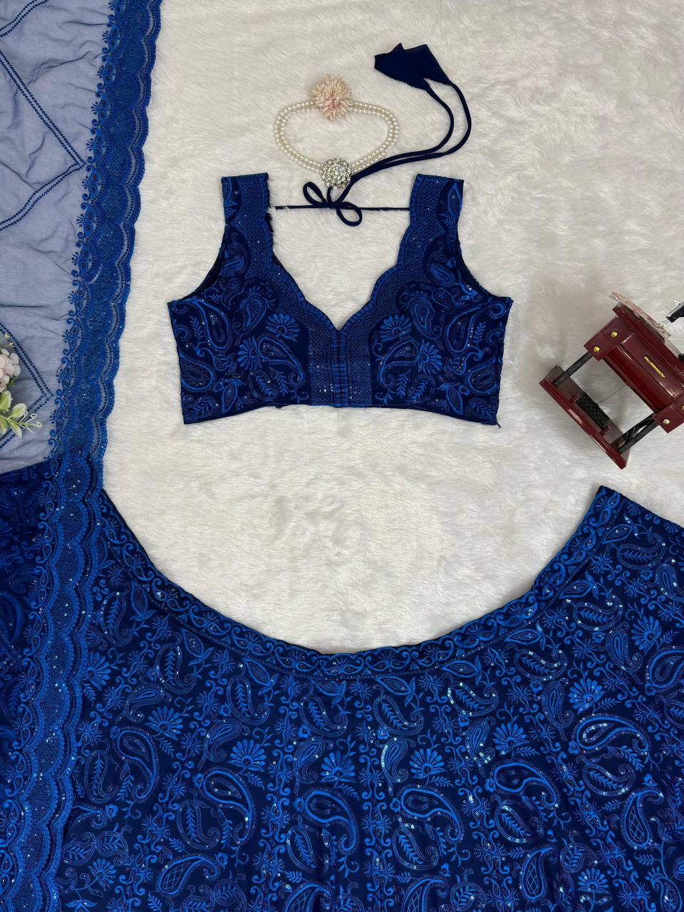 Blue Premium Faux Georgette Sequin Embroidered Lehenga Choli Set with Butterfly Net Dupatta ClothsVilla