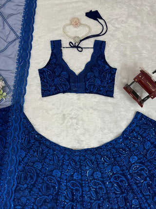 Blue Premium Faux Georgette Sequin Embroidered Lehenga Choli Set with Butterfly Net Dupatta ClothsVilla