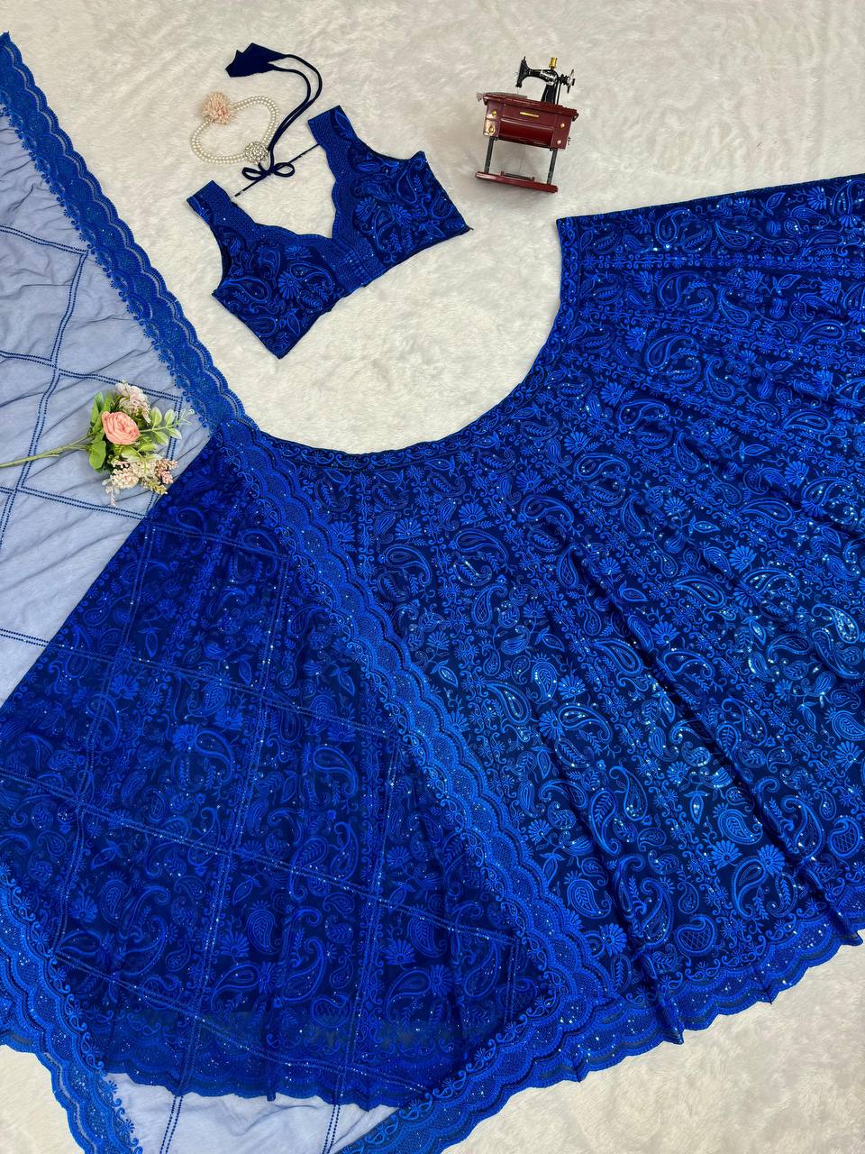Blue Premium Faux Georgette Sequin Embroidered Lehenga Choli Set with Butterfly Net Dupatta ClothsVilla