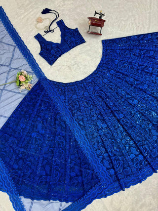 Blue Premium Faux Georgette Sequin Embroidered Lehenga Choli Set with Butterfly Net Dupatta ClothsVilla
