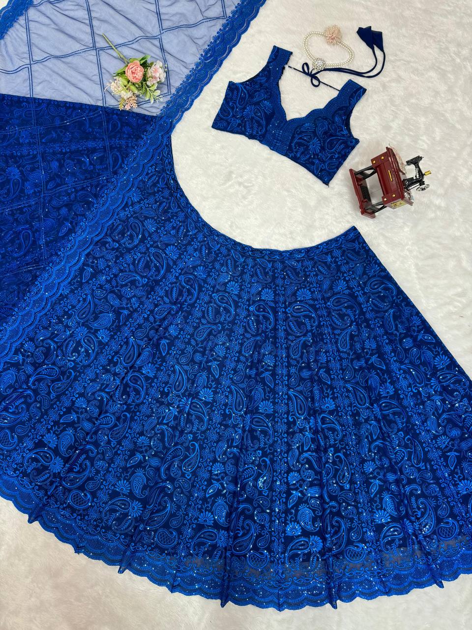 Blue Premium Faux Georgette Sequin Embroidered Lehenga Choli Set with Butterfly Net Dupatta ClothsVilla