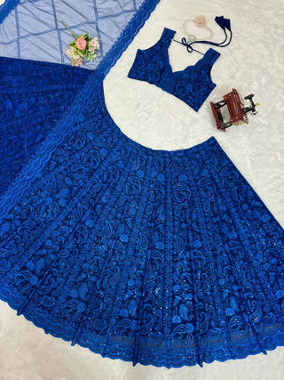 Blue Premium Faux Georgette Sequin Embroidered Lehenga Choli Set with Butterfly Net Dupatta ClothsVilla