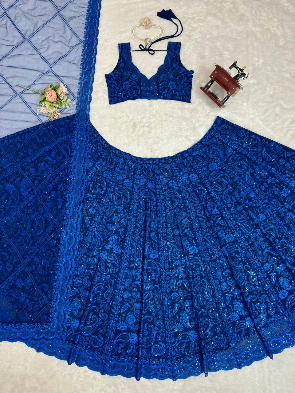 Blue Premium Faux Georgette Sequin Embroidered Lehenga Choli Set with Butterfly Net Dupatta ClothsVilla