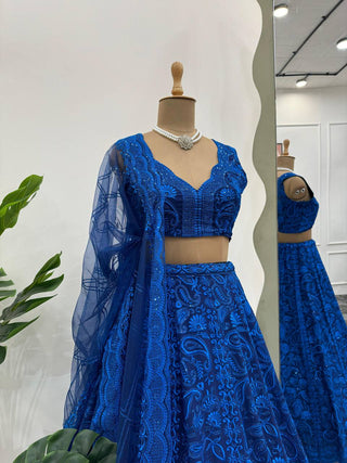 Blue Premium Faux Georgette Sequin Embroidered Lehenga Choli Set with Butterfly Net Dupatta ClothsVilla