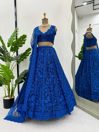 Blue Premium Faux Georgette Sequin Embroidered Lehenga Choli Set with Butterfly Net Dupatta ClothsVilla