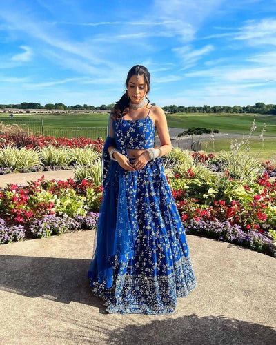 Blue Premium Georgette Zari & Sequin Embroidered Semi-Stitched Lehenga Choli with Soft Net Lace Border ClothsVilla