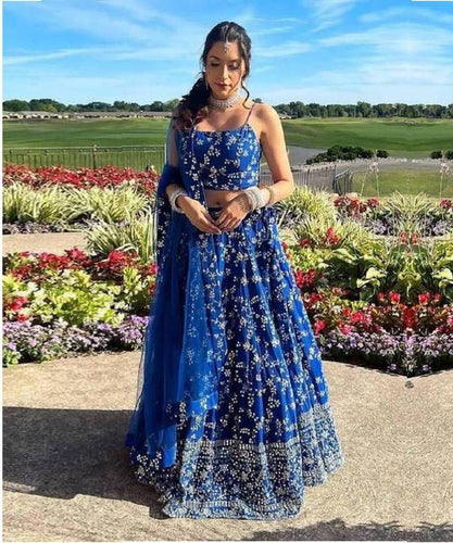 Blue Premium Georgette Zari & Sequin Embroidered Semi-Stitched Lehenga Choli with Soft Net Lace Border ClothsVilla