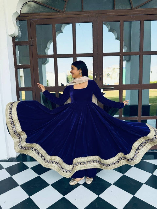 Blue Premium Viscos Velvet Embroidered Straight-Cut Anarkali Suit Set with Sanderi Silk Dupatta – Full-Sleeve Designer Ethnic Wear for Women ClothsVilla