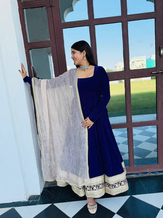 Blue Premium Viscos Velvet Embroidered Straight-Cut Anarkali Suit Set with Sanderi Silk Dupatta – Full-Sleeve Designer Ethnic Wear for Women ClothsVilla
