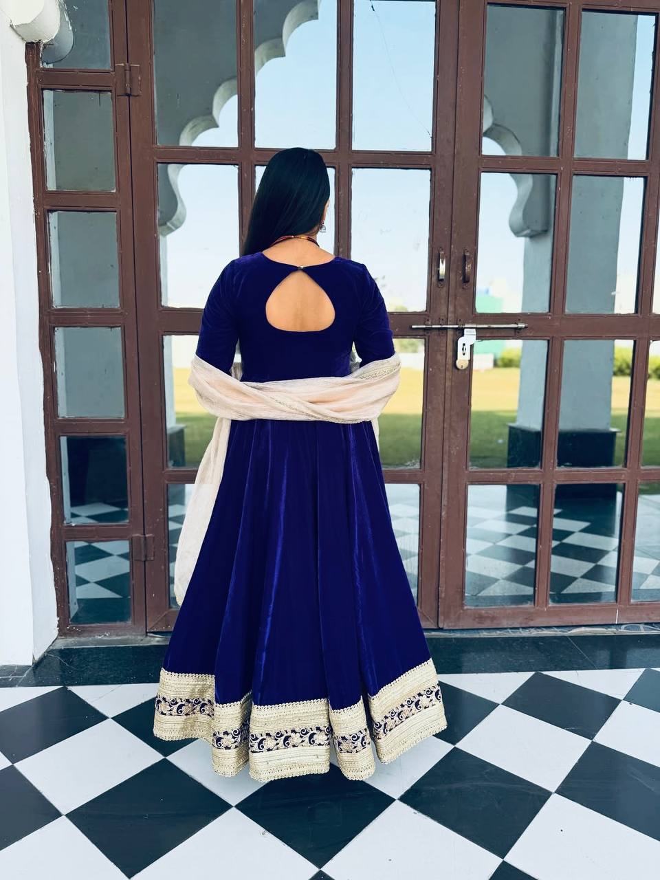 Blue Premium Viscos Velvet Embroidered Straight-Cut Anarkali Suit Set with Sanderi Silk Dupatta – Full-Sleeve Designer Ethnic Wear for Women ClothsVilla