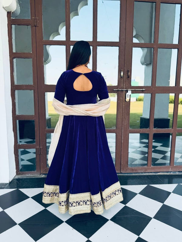 Blue Premium Viscos Velvet Embroidered Straight-Cut Anarkali Suit Set with Sanderi Silk Dupatta – Full-Sleeve Designer Ethnic Wear for Women ClothsVilla